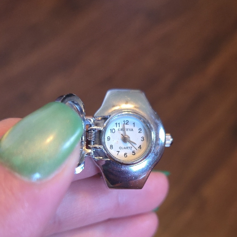 Geneva Silver Ring Watch with Black Accents